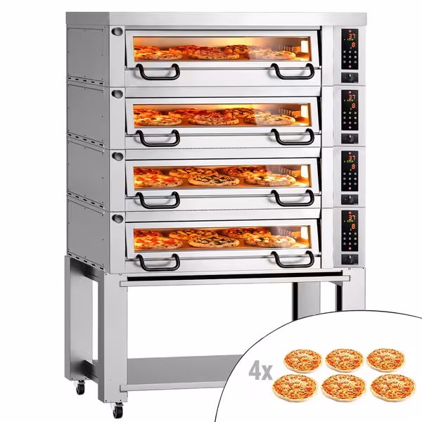 Electric Deck Pizza Oven Power - Quadruple Deck - Refractory Stone Deck - 6+6+6+6 x Ø 34cm (13") - incl. Hood & Base frame
