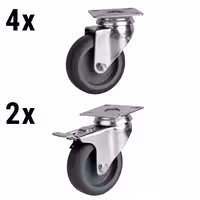 Set kotača za hladnjake i zamrzivače - 85x140x130 mm - čelično kućište, nizak otpor kotrljanja - uklj. pričvrsna ploča - kompatibilno s BGKF, GTF, KTF, KTGFF, KUF & ZTSF - Promjer kotača: 100 mm; 2 s kočnicom + 4 bez kočnice