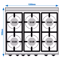 Plinski štednjak - Linija 900 - 1200x900x1060 mm - 60 kW - 6 plamenika - samostojeći - s plinskom pećnicom statičnom - 7,8 kW - GN 2/1