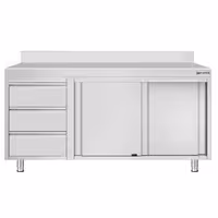 خزانة قاعدية ستانلس ستيل KOPENHAGEN ECO - 1600x600mm - أبواب منزلقة و وحدة أدراج 3 يسار - مع حاجز خلفي