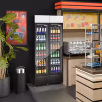 (2 pcs) Commercial Beverage Display Fridge with Illuminated Canopy - 870mm - 290 Litres - with 2 hinged glass doors - LED lighting - digital controller with temperature display - Black - Temperature range 1 to 10 °C
