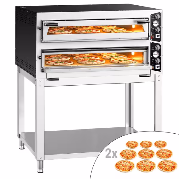 Electric Deck Pizza Oven - Twin Deck - Refractory Stone Deck - 9+9 x Ø 35cm (13.8") - Mechanical Controls - up to 450°C - incl. Base frame
