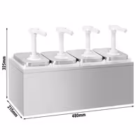 Dispenzer za umake - 4-dijelni (4 spremnika + 4 dozirne pumpe + postolje) - nehrđajući čelik 18/10, spremnici polipropilen (PP) - 4x 2 l - 480x215x325 mm - einstellbarer Dosierung - s spremnikom - uklj. postolje od nehrđajućeg čelika