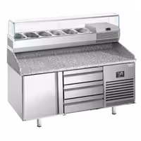 Table réfrigérée à pizza Premium PLUS - 1490x700 mm - avec 1 porte & 3 tiroirs - incl. vitrine réfrigérée - 6x GN 1/4