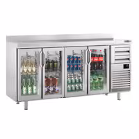 Stół chłodniczy barowy do napojów Premium PLUS – 2450 x 600 mm – z 4 drzwiami szklanymi, 2 szufladami i rantem