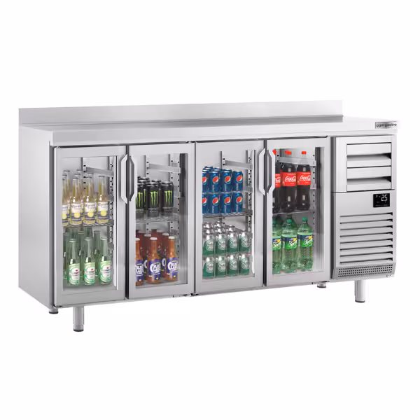 Stół chłodniczy barowy do napojów Premium PLUS – 2450 x 600 mm – z 4 drzwiami szklanymi, 2 szufladami i rantem