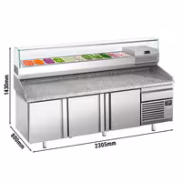 Table réfrigérée à pizza Premium PLUS - 2305x800 mm - avec 3 portes & 1 tiroir - incl. vitrine réfrigérée - 11x GN 1/4