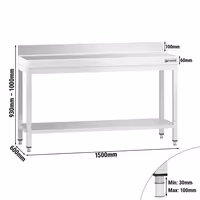 طاولة عمل ستانلس ستيل PREMIUM - 1500x600mm - مع رف سفلي & حاجز خلفي