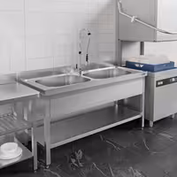 Stół zlewozmywakowy PREMIUM – stal nierdzewna – 1400 x 700 mm – z półką dolną – ze zlewem 2-komorowym pośrodku – z rantem