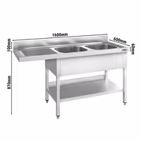 Pult za pranje za perilicu posuđa - 1600x600 mm - s 2 korita