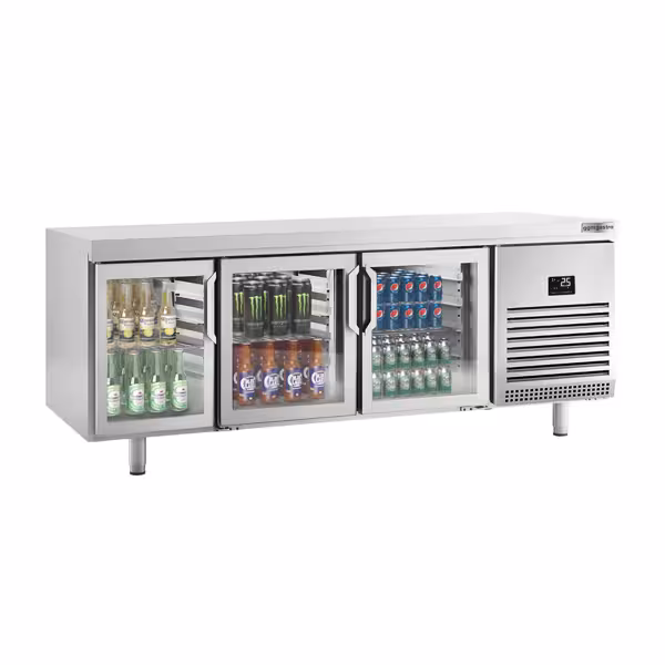 Stół chłodniczy barowy do napojów Premium PLUS – przelotowy – 2185 x 800 mm – EN 600 x 400 – z 3 drzwiami szklanymi – do cukierni i piekarni