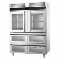 Szafa chłodnicza PREMIUM – stal nierdzewna – GN 2/1 – 1400 L – z 2 półdrzwiami szklanymi i 4 szufladami szklanymi