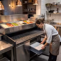 Stół chłodniczy do pizzy PREMIUM - 1500x800mm - z blatem granitowym - 2‑drzwiowy - z nadstawką chłodniczą - 7x GN 1/4