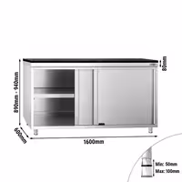 Rozsdamentes acél munkaszekrény PREMIUM – 1600x600 mm – tolóajtóval – gránit munkalapmal