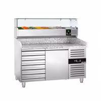 Stół chłodniczy do pizzy ECO - 1500x800mm - z blatem granitowym - 1‑drzwiowy, 7 szuflad - z nadstawką chłodniczą z osłoną szklaną z oświetleniem LED - 7x GN 1/4