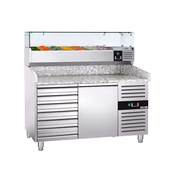 Stół chłodniczy do pizzy ECO - 1500x800mm - z blatem granitowym - 1‑drzwiowy, 7 szuflad - z nadstawką chłodniczą z osłoną szklaną z oświetleniem LED - 7x GN 1/4