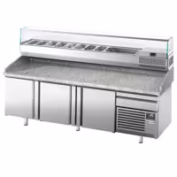 Stół chłodniczy do pizzy Premium PLUS – 2305 x 800 mm – z 3 drzwiami i 1 szufladą – wraz z witryną chłodniczą – 10 pojemników GN 1/3