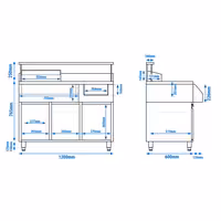 Koktel stanica - inox - 1200x720 mm - s 2 ladice, sudoper desno, 8 GN spremnika (1x 2/3, 1x 1/4, 2x 1/6, 4x 1/9) & higijenska zaštita i šipka za čuvanje boca