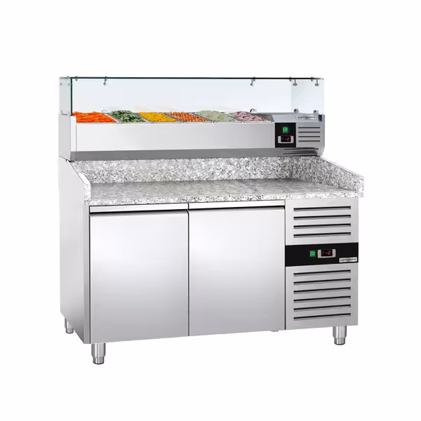 Stół chłodniczy do pizzy ECO - 1500x800mm - z blatem granitowym - 2‑drzwiowy - z nadstawką chłodniczą z osłoną szklaną z oświetleniem LED - 6x GN 1/3