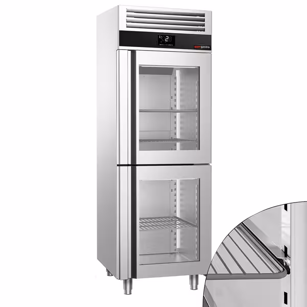 Szafa chłodnicza PREMIUM – stal nierdzewna – GN 2/1 – 700 L – z 2 półdrzwiami szklanymi