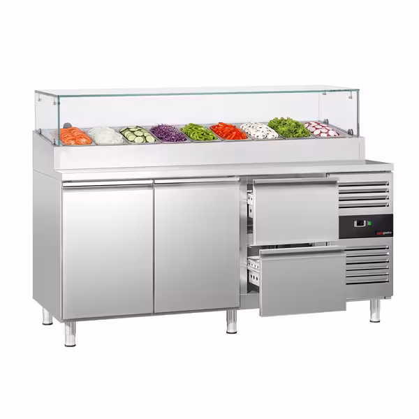 PREMIUM pripremni stol – 1795 mm – 2 vrata i 2 ladice – s staklenom plohom – za 9 GN 1/3