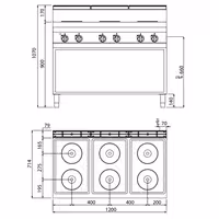 Elektriskā plīts Sērija 700 - 15,6 kW 400 V - 6 plāksnes apaļi - vaļējā korpusā - LORENZO 700 - 1200x714x1070 mm