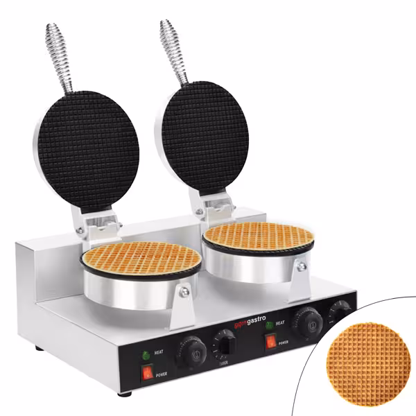 Waffle Makinesi - Çiftli - Manuel Zamanlayıcılı - 2,6kW - Şekil: Konik (Eishörnchen) - Ø 190mm - Sabit Plakalı - pişirme plakaları teflon kaplamalı
