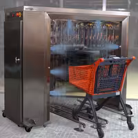 Urządzenie do dezynfekcji wózków sklepowych – stal nierdzewna – 1830 x 850 x 1640 mm – 50 W – z dyszami górnymi i bocznymi