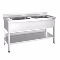 Stół zlewozmywakowy PREMIUM – stal nierdzewna – 1400 x 700 mm – z półką dolną – ze zlewem 2-komorowym pośrodku – z rantem