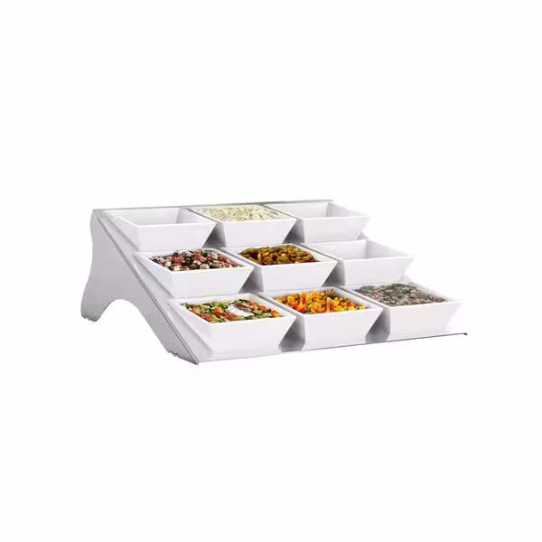 Açık Büfe Teşhir Standı - Paslanmaz Çelik & Melamin - köşeli - 335x340x115mm - dahil 9 Melamin Kase 90x90mm - 9 raf ile