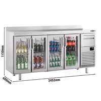 Stół chłodniczy barowy do napojów Premium PLUS – 2450 x 600 mm – z 4 drzwiami szklanymi, rantem i odbijakiem do kawy