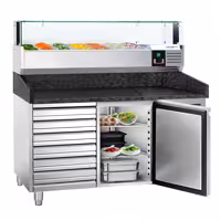 Pizzapult PREMIUM - 1500x800 mm - 1 ajtó + 7 fiók - feltéthűtővel LED világítással - 7x GN 1/4 - gránit munkalappal