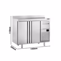 Stół chłodniczy barowy do napojów Premium PLUS – 1470 x 600 mm – z 2 drzwiami, rantem i odbijakiem do kawy
