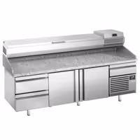 Stół chłodniczy do pizzy Premium PLUS - 3305x800mm - z 3 drzwiami & 3 szufladami - włącznie z witryną chłodniczą nadstawną - 10x GN 1/3