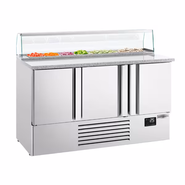 Stół chłodniczy sałatkowy PREMIUM PLUS - 1460mm - 355L - 3 drzwi - z nadstawką szklaną - blat roboczy z czarnego granitu