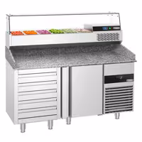 Stół chłodniczy do pizzy PREMIUM - 1550x800mm - z blatem granitowym - 1‑drzwiowy, 5 szuflad - z nadstawką chłodniczą z osłoną szklaną - 6x GN 1/3