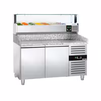 Table réfrigérée à pizza PREMIUM - 1500 x 800 mm - avec 2 portes - incl. vitrine réfrigérée avec LED - 7 x GN 1/4