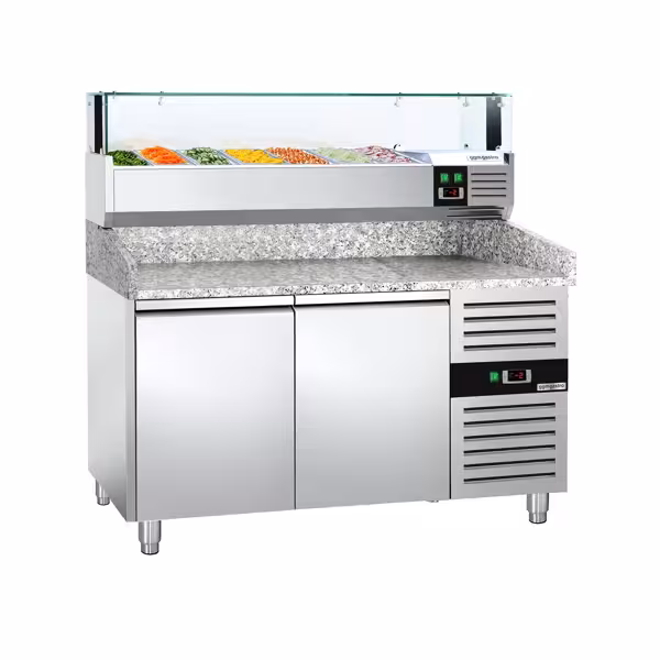 Stół chłodniczy do pizzy ECO – 1500 x 800 mm – z 2 drzwiami – z witryną nadstawną chłodniczą LED na 7x GN 1/4