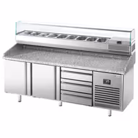 Table réfrigérée à pizza Premium PLUS - 1980x700 mm - avec 2 portes - incl. vitrine réfrigérée - 9x GN 1/4