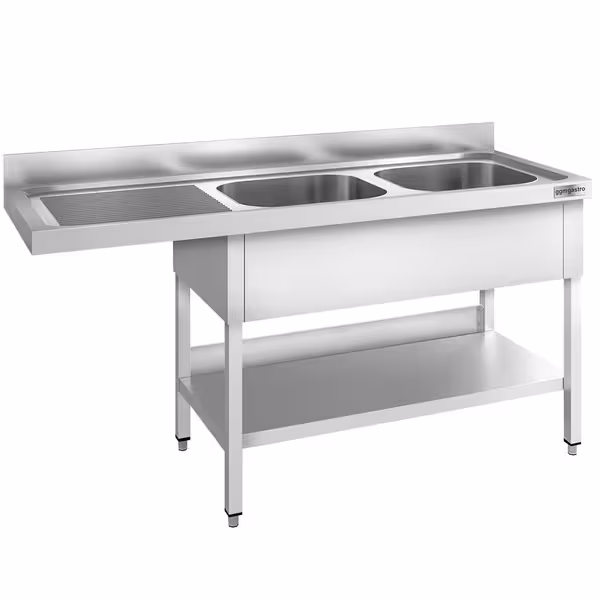 طاولة غسيل الصحون PREMIUM - 1800x600mm - مع حوضين يمين - ستانلس ستيل 304 - مع رف سفلي - مع حاجز خلفي - مع لوح تصريف