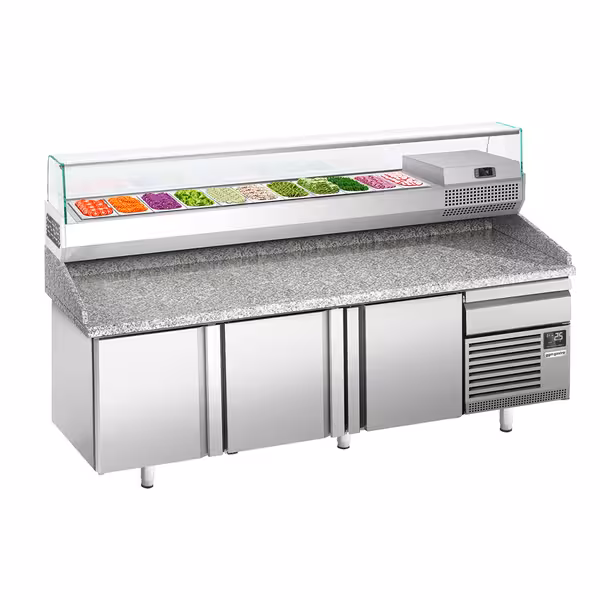 Pitsa külmtöölaud PREMIUM PLUS - 2305x800 mm - graniidist tööpinnaga - koos 3 uksega ja 1 sahtliga - koos külmvitriiniga - 11x GN 1/4