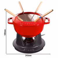STAUB | Cast Iron Fondue Set – Ø 18 cm - Cherry Red - 6 Forks, Burner, Board