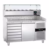 Stół chłodniczy do pizzy ECO - 1500x800mm - z blatem granitowym - 1‑drzwiowy, 7 szuflad - z nadstawką chłodniczą z osłoną szklaną z oświetleniem LED - 7x GN 1/4