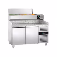 Stół chłodniczy do pizzy PREMIUM - 1500x800mm - z blatem granitowym - 2‑drzwiowy - z nadstawką chłodniczą - 7x GN 1/4