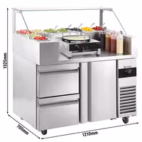 Mesa de preparação refrigerada - 1210x700mm - com 1 porta & 2 gavetas - para 9x GN 1/6 - incl. Crepeira & distribuidor de massa & espátula de madeira
