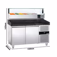 Table réfrigérée à pizza PREMIUM - 1500x800 mm - avec 2 portes - incl. vitrine réfrigérée LED - 5x GN 1/3 + 1x GN 1/2