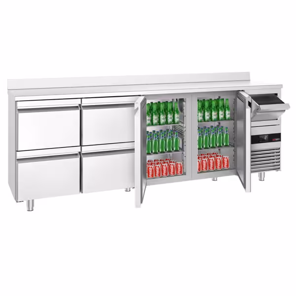 Stół chłodniczy barowy do napojów PREMIUM – 2690 x 600 mm – z 2 drzwiami, 4 szufladami, rantem i odbijakiem do kawy