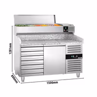Stół chłodniczy do pizzy PREMIUM - 1500x800mm - z blatem granitowym - 1‑drzwiowy, 7 szuflad - z nadstawką chłodniczą - 6x GN 1/3