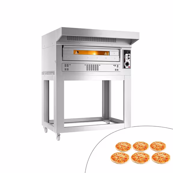 Gas Deck Pizza Oven - Single Deck - Firebrick Base - 6 x Ø33cm - 230V Single Phase - Mechanical Controls - incl. Stainless steel hood & Base frame & Wheels