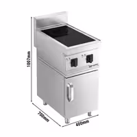 Ipari indukciós tűzhely - 700-as - főzősorba illeszthető - 400x700x1007 mm - összteljesítmény: 7,0 kW - 2 zónás - alsószekrénnyel, 1 ajtó